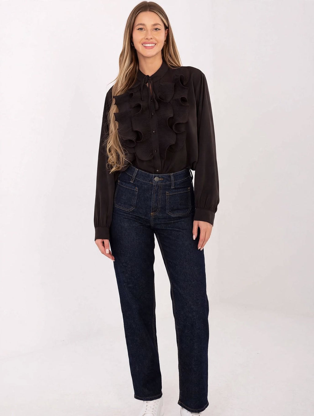 Chemisier à manches longues pour femme, modèle 222121, élégant, avec jabot plissé, marron