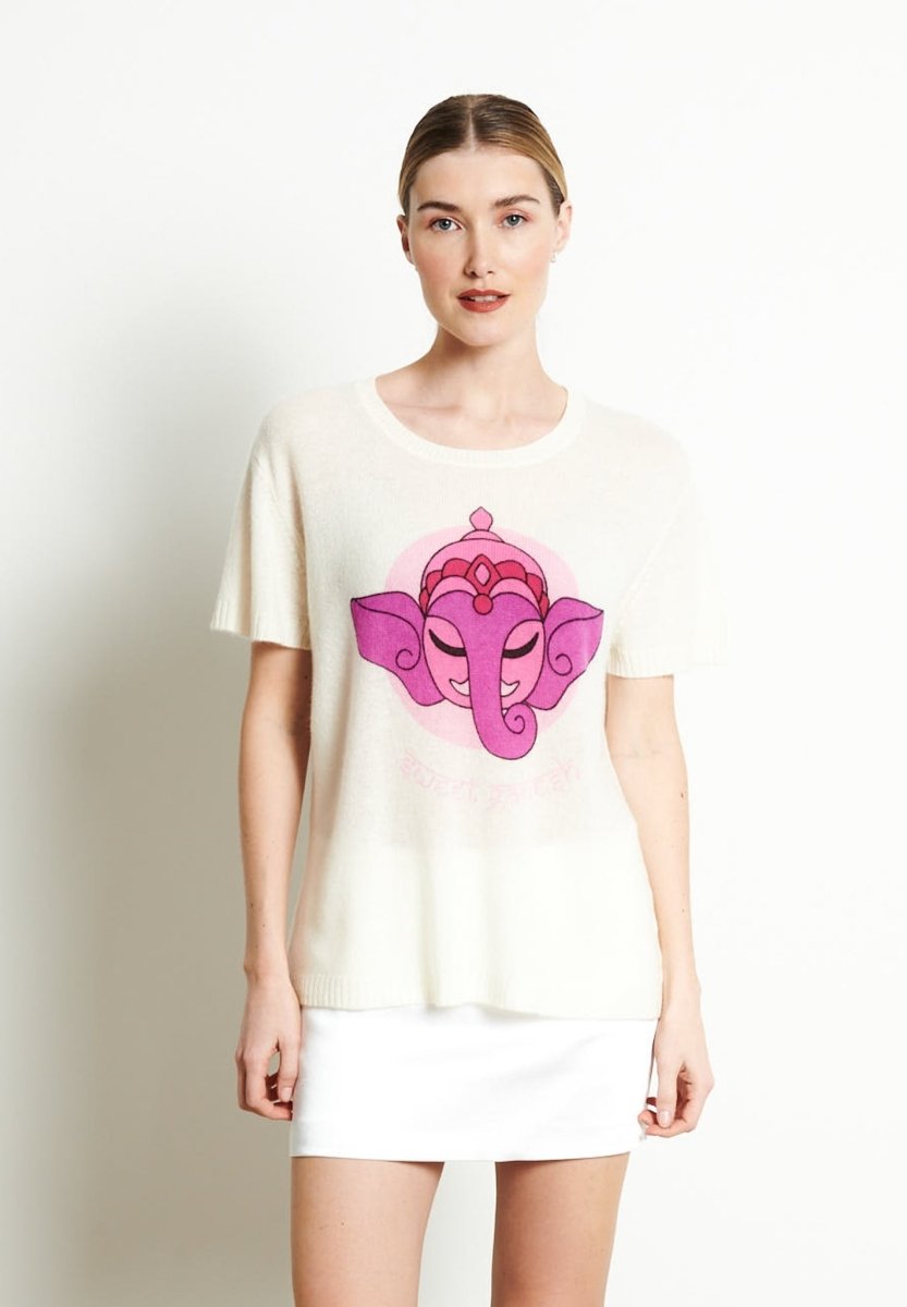 T-shirt col V manches courte femme en cachemire imprimé blanc écru - RIA 9-0