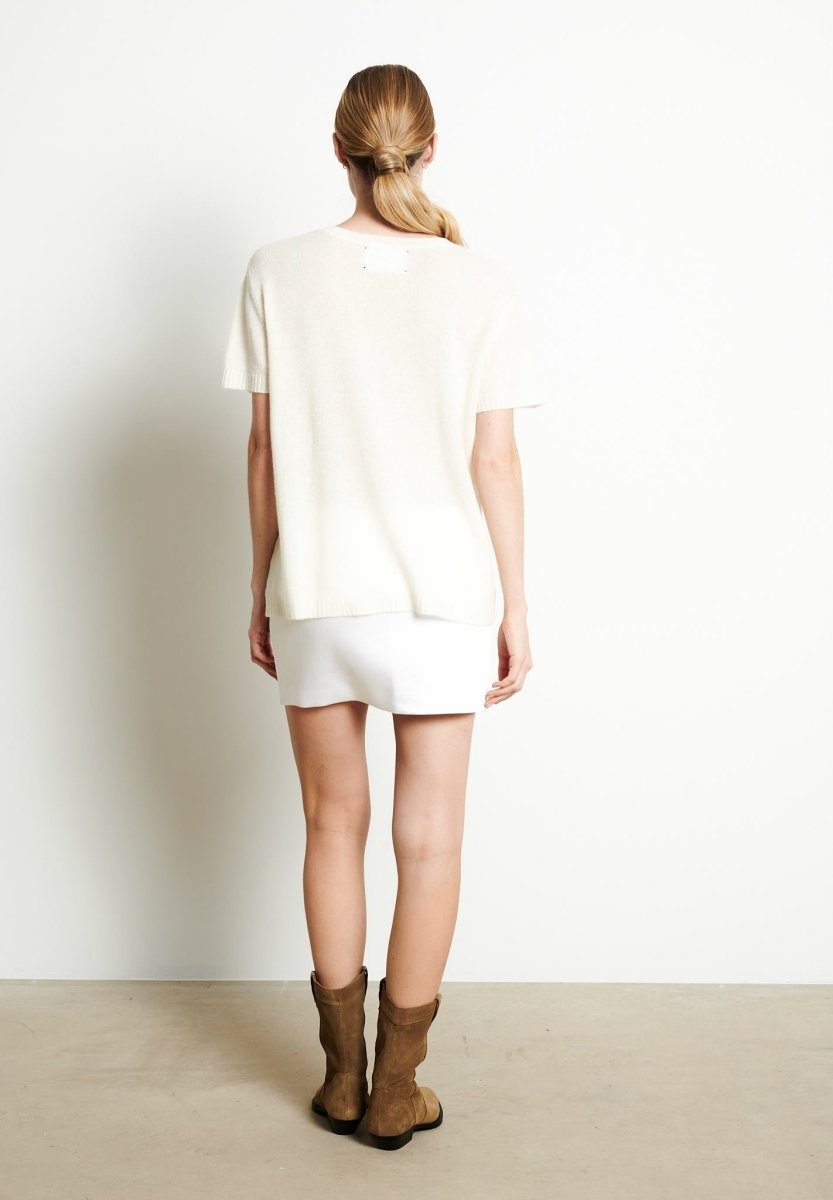 T-shirt col V manches courte femme en cachemire imprimé blanc écru - RIA 9-2