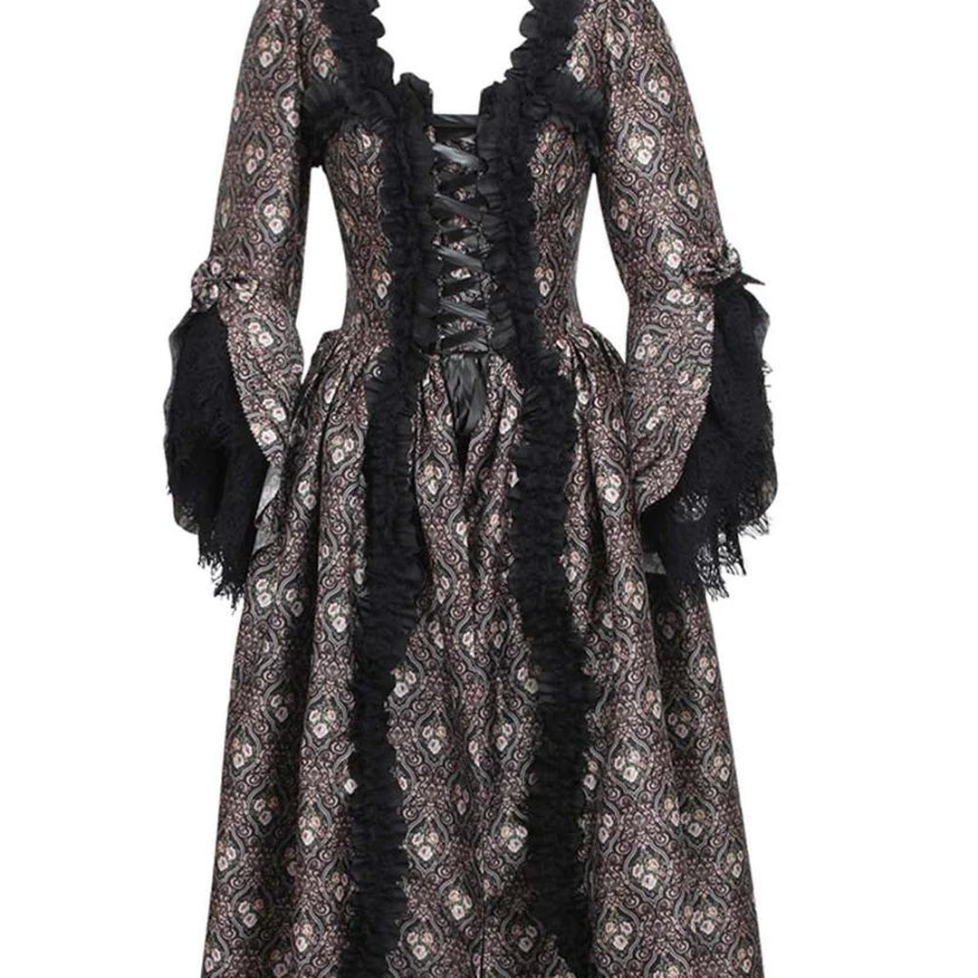 BRONZE Rococo Muse - Robe Corset Historique | Taffeta Imprimé Immortelle | Manches Dentelle Noire TL-023