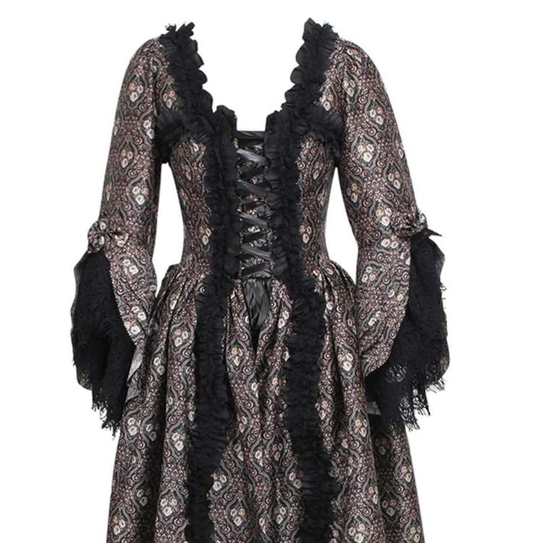 BRONZE Rococo Muse - Robe Corset Historique | Taffeta Imprimé Immortelle | Manches Dentelle Noire TL-023