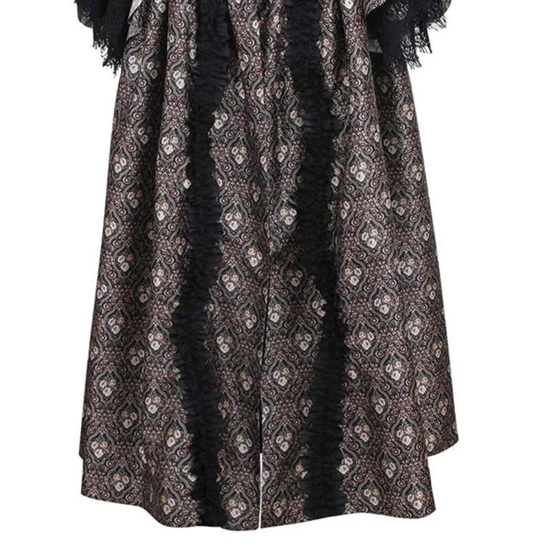 BRONZE Rococo Muse - Robe Corset Historique | Taffeta Imprimé Immortelle | Manches Dentelle Noire TL-023