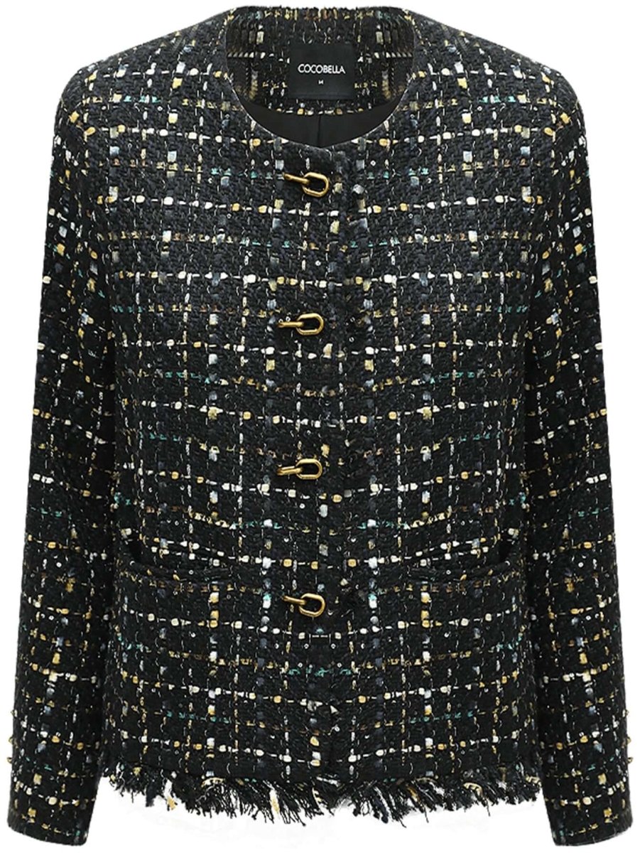 Veste en tweed sophistiquée à bords effilochés et boutons dorés-3