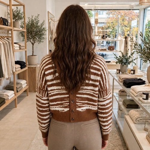 Brown Zebra Print Cropped Cardigan - Fall-Winter Collection