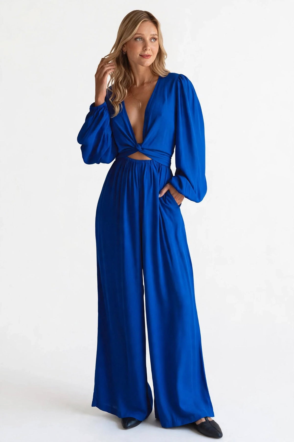 Luna Convertible Jumpsuit - the royal blue / cobalt blue convertible jumpsuit with deep neckline, backless design, and stomach cutout