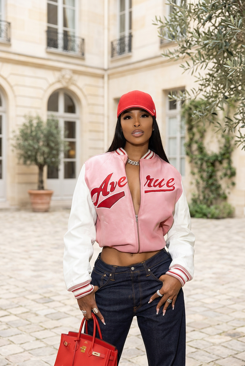 Veste de baseball rose dans une cour extérieure crème