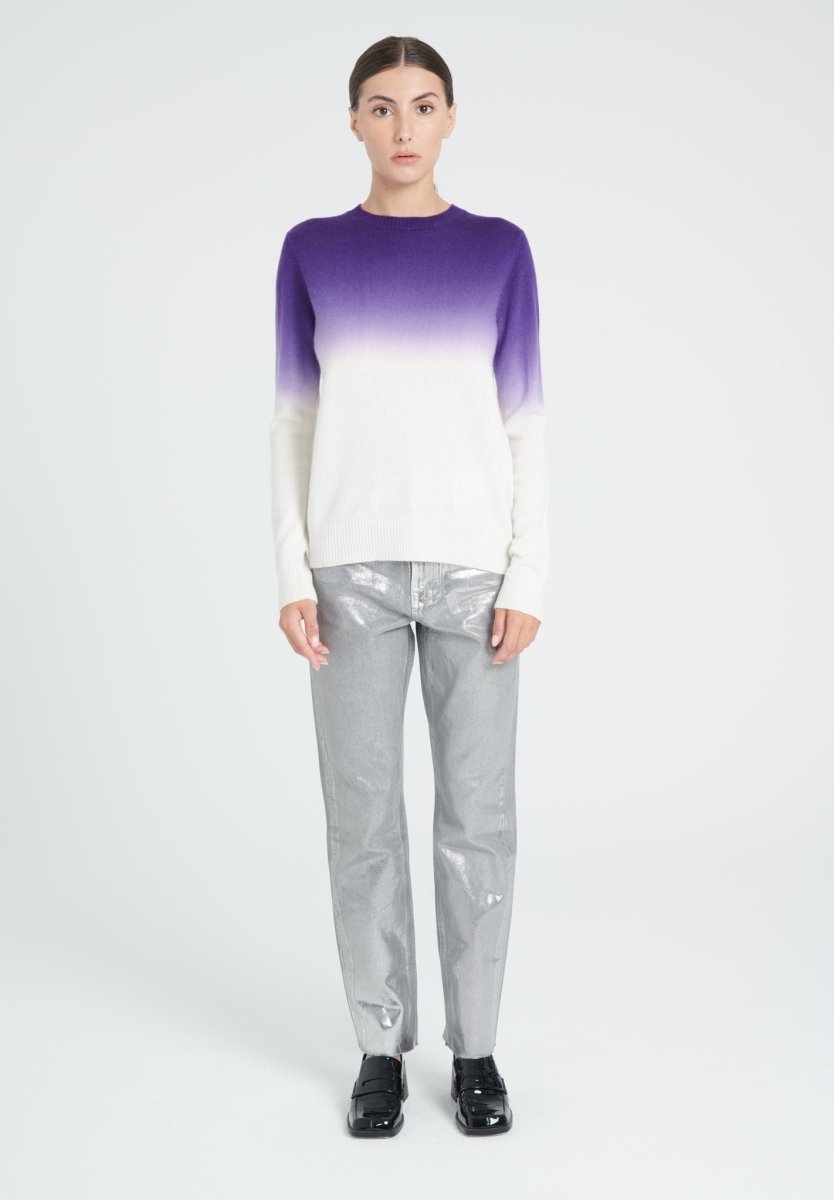 Pull col rond femme en cachemire camel tie & dye blanc écru & violet - ZAYA 9-1